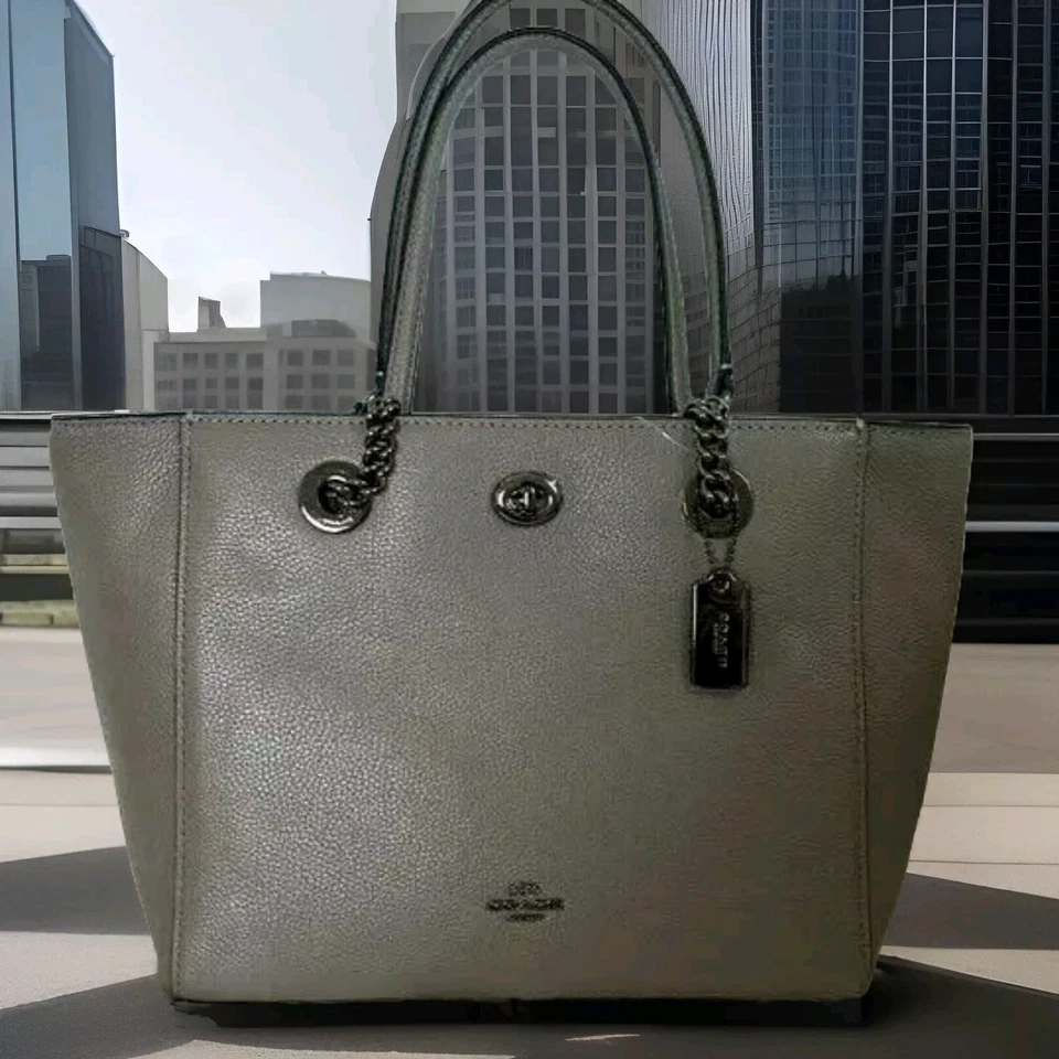 Coach 57107 Pebble Leather Turnlock Chain Tote 27 Peony/silver