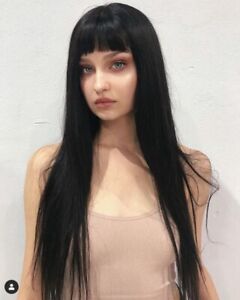 Black Straight Long Wig With Bangs Wig Heat Safe Synthetic Wigs Party