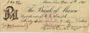 BANK MASON TEXAS 1901 CHECK VIGNETTE WM GAMEL - Picture 1 of 1