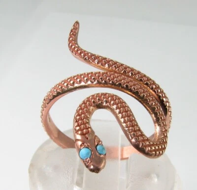 SNAKE 9CT ROSE GOLD TURQUOISE  EYES COILED SNAKE LONG RING Size L M N O P Q Q.5 - Image 1 of 4