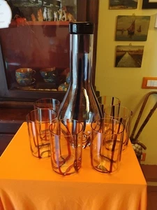 Federico De Majo Murano Bottiglia E 6 Bicchieri Lavorati A Mano Zafferano - Foto 1 di 9