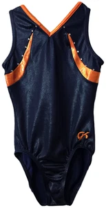 GK Elite Leotard Leo AXS Adult XS Rhinestone V Neck Gymnastics Dance Blue Orange - Picture 1 of 6