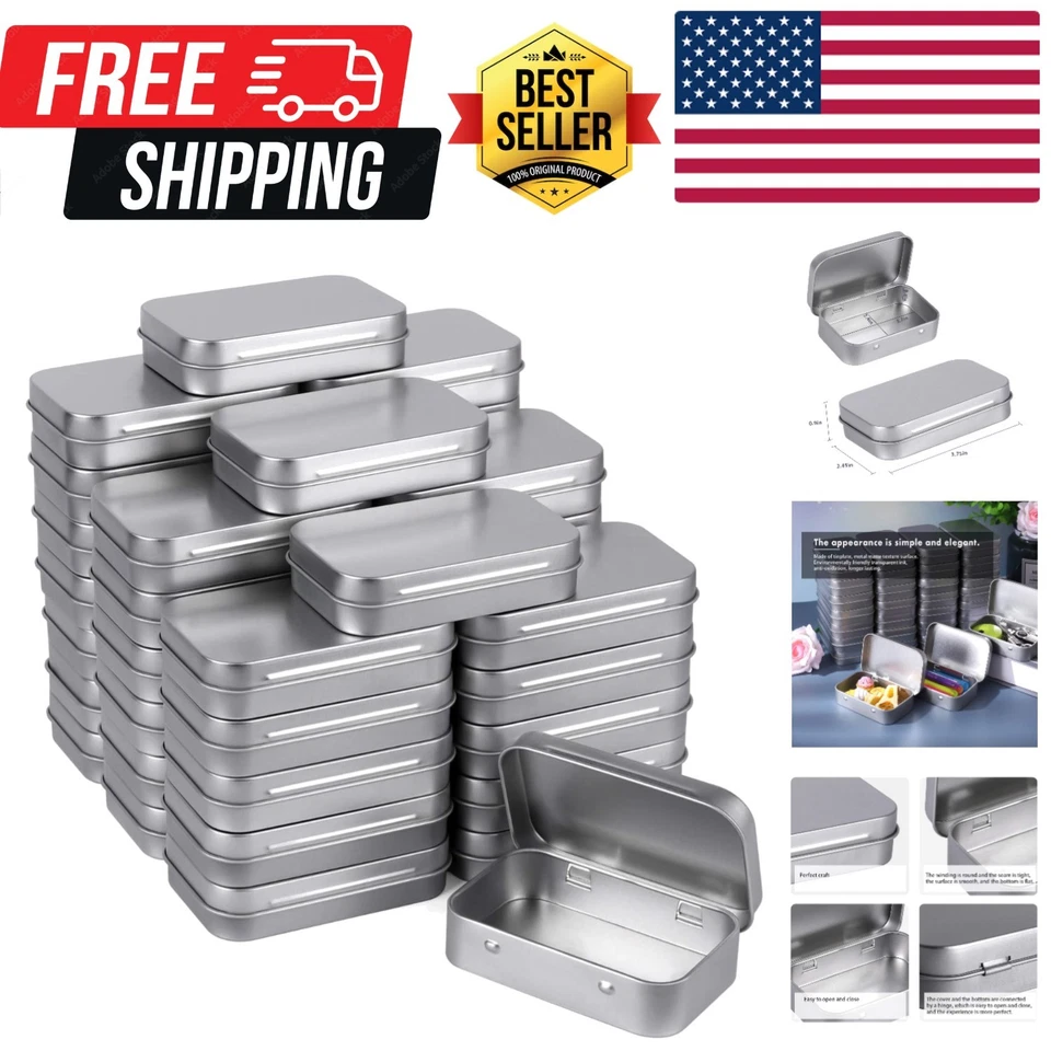 Tamicy Metal Rectangular Empty Hinged Tins - Pack of 40 Silver Mini Portable