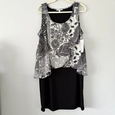 Vestido negro y estampado abstracto superpuesto de gasa Notations para mujer talla 1X Foto 1 de 4