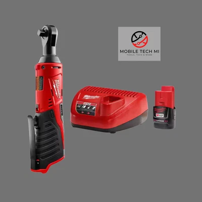 NEW Milwaukee M12 Cordless 3/8" Ratchet, 2457-20 Kit Charger & 2.0 AH Battery - Image 1 of 4