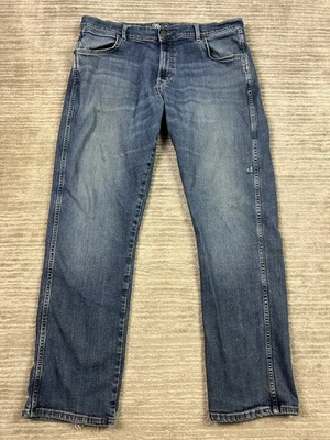 Pantalones de mezclilla Wrangler retro para hombre 38x32 azul lavado oscuro ajustados rectos mezcla de algodón Foto 1 de 4