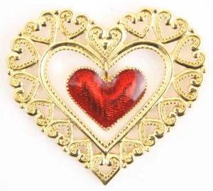 1991 Vintage Gold Tone Red Dangle Heart Filigree Bali Bead Pin Brooch Charm - Picture 1 of 3