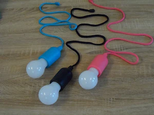 Pink Blue Black Red Led Portable Battery Light Bulb Pull Cord Loft Patio Camping - Picture 1 of 5