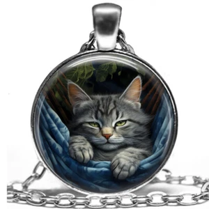 Vacay Cat Art Print Hammock Kitty Gray Tabby Cat Mom Gift Necklace 24" Chain - Picture 1 of 5