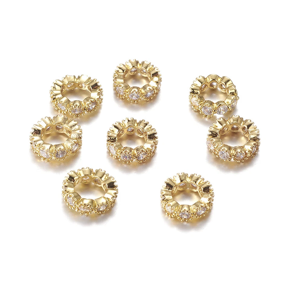 10pcs Gold Tone Brass Pave Cubic Zirconia Beads Rondelle Large Hole Spacers 10mm - Image 1 of 2