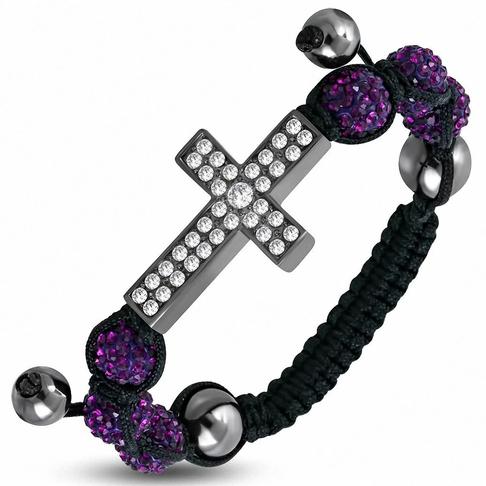 Disco Kugel Stil Hämatit & Silbern Armband Einstellbar Kreuz Mit Amethyst - Bild 1 von 1