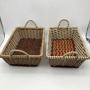 Vintage SET OF 2 Rectangle Wicker Bread Basket Handles Storage Rattan Woven 11'' - Picture 1 of 16