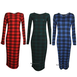 New Womens Ladies Long Sleeve Tartan Check Print Bodycon Midi Dress Size UK 8-14 - Picture 1 of 4