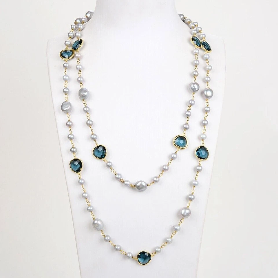 Collar largo de cadena de cristal azul perla Keshi de agua dulce gris natural de 51"" Foto 1 de 4