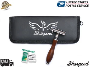 Men Safety DARK WOOD Razor Double Edge Razors 10 Free Blades & Pouch travel kit - Picture 1 of 5