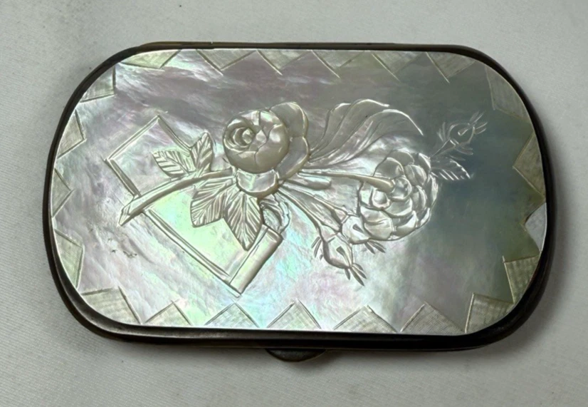 Antique Carved Mother of Pearl Cameo Rose Coin Purse Calling Card Compact 1800s - Image 1 of 4
