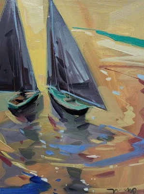 José Trujillo Bellas Artes IMPRESIÓN 16x20" Coleccionable Artista Puesta de Sol Mar Veleros Foto 1 de 4