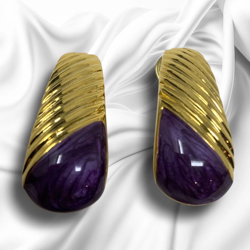 Pendientes Vintage Años 80 Esmalte Púrpura Tono Dorado Clip En Vanguardia Modernista Foto 1 de 4