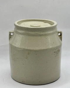 "Antigua vasija de cerámica de gres beige de 5,25"" con tapa sin mango" - Imagen 1 de 12