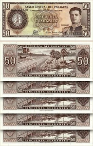 Paraguay 50 Guaranie 1952, UNC, LOTTO 5 pezzi, consecutivi, P 197b, prefisso A - Foto 1 di 4