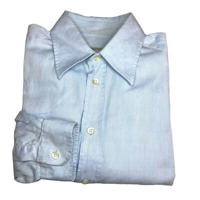 Emporio Armani 男式正装衬衫 40-15 3/4 条纹蓝色纽扣长袖 — 第 1/4 张图片