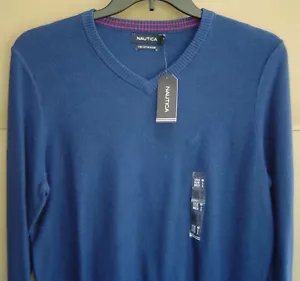 NWT $70 NAUTICA Mens M PIMA COTTON BLEND V-NECK SWEATER Estate Blue S63202 - Picture 1 of 3