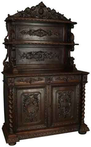 Vaisselier Antique French Hunting Heavily Carved Barley Twists Server Cabinet Cover