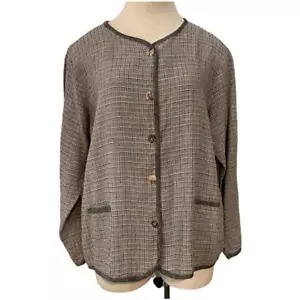 Vintage CLIO Lagenlook 100% Linen Button Jacket Top Size L Grey Tan Blue Check - Picture 1 of 13