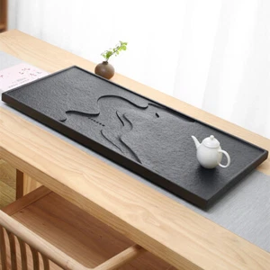 China Black Stone Tea Tray Engraved Serving Tray Water Draining Tea Boat Heavy - Picture 1 of 7