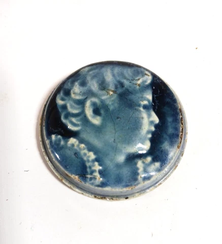 Antique Blue Majolica Child Girls Portrait Medallion Round Stove Tile Museum Pc Cover