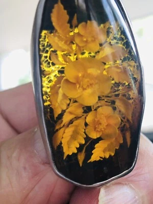 Sterling Large Flower Carved Russian Green Amber Brooch Pendant - Image 1 of 4