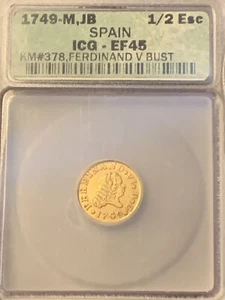 1749 M,JB Spain Gold Ferdinand Vi Bust 1/2 Escudo Graded ICG EF45 - Picture 1 of 4
