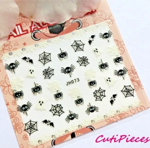 Halloween 3D Nail Art Stickers Sparkly "Black Spiders Webs Lace" Silver Tips 073 - Picture 1 of 2