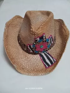 Sombrero Pinky Bolle para mujer angustiado festival occidental - banda de leopardo + cruz de cebra - Imagen 1 de 11