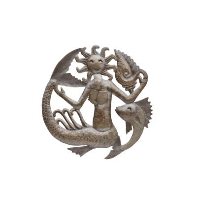 Handcrafted Haitian Metal Art, Sun Head Mermaid with Fish & Seashell, Sustainabl - Image 1 of 4