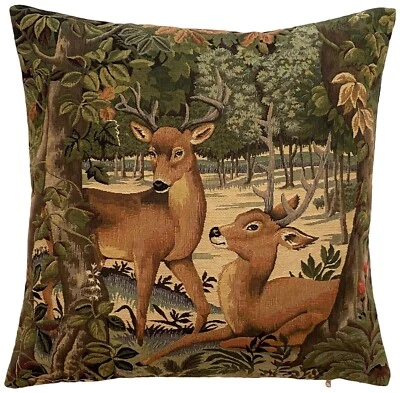 FAWNS DEER IN FOREST BELGIAN JACQUARD WOVEN TAPESTRY PILLOW CUSHION COVER, ZIP - Image 1 of 4