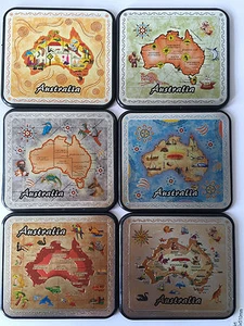 6pc Australia Souvenir Full Metal Cover Coaster Set Map OZ Australian Gift - Foto 1 di 2