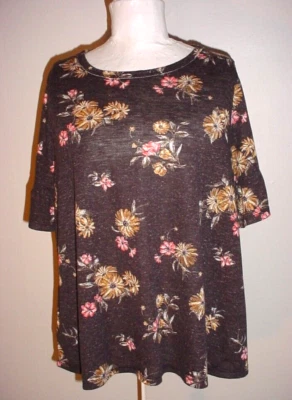 Xhilaration Gray Floral Top XXL Short Ruffled Sleeve Lace Accent Stretch - Image 1 of 4