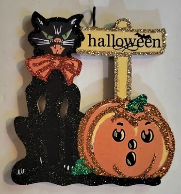 STROMBOLI'S WAGON BLACK CAT, JOL PUMPKIN, FENCE * Glitter HALLOWEEN ORNAMENT * Vtg Img