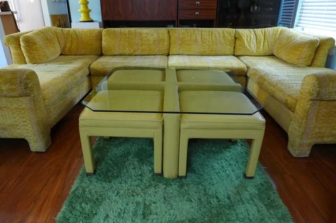 Yellow Leatherette Coffee Table with Parsons Stools Vintage Mid Century Square Cover