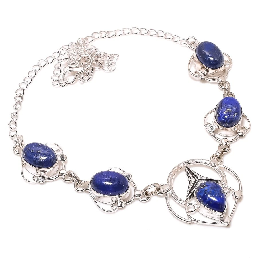 Collar de joyería de plata de ley 925 hecho a mano con piedras preciosas de lapislázuli tamaño 18" Foto 1 de 1
