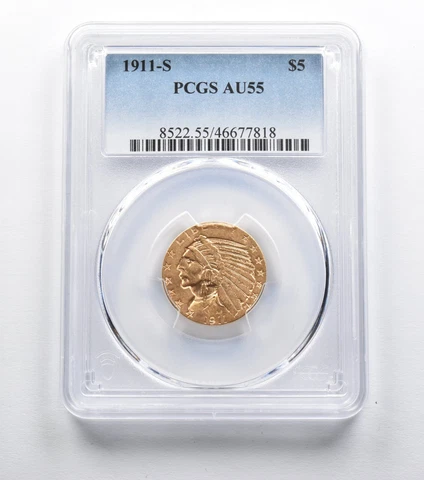 AU55 1911-S $5 Indian Head Gold Half Eagle PCGS *2376 Cover