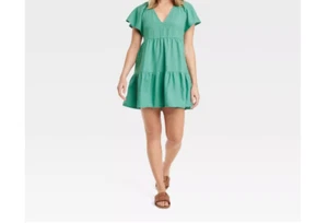 Women's Flutter Short Sleeve Mini Skater Dress - Universal Thread Green S - Picture 1 of 4