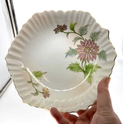 Antique Hand Painted Japanese Bowl Scalloped Edge Pink Chrysanthemums - Image 1 of 4