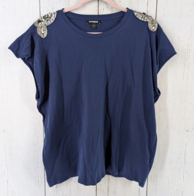 Экспресс размер большой женщин темно-синий украшенный коротким рукавом хлопок Топ - Изображение 1 из 4