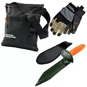 Serious Detecting Mesh Bottom Beach Finds Bag Pouch, Digging Tool, and Gloves - Picture 1 of 8