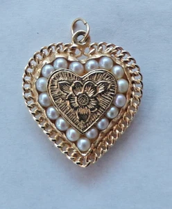 Vintage Perle Herz Medaillon Anhänger Charm 14K Gelbgold florales Design - Bild 1 von 11