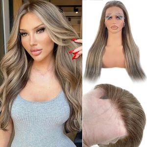 Dunkelblonde Highlight Lace Front Perücke Echthaar vorgezupft 18 Zoll 13x4 Fron... - Bild 1 von 6
