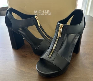 Michael Kors Berkley Mid Sandale schwarz Leder Plateau goldener Reißverschluss Damen 6,5 - Bild 1 von 9