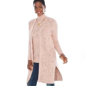 Chico's rosa Ton Jacquard Long Cardigan Pullover vorne offen Damen S Small 0 - Bild 1 von 7